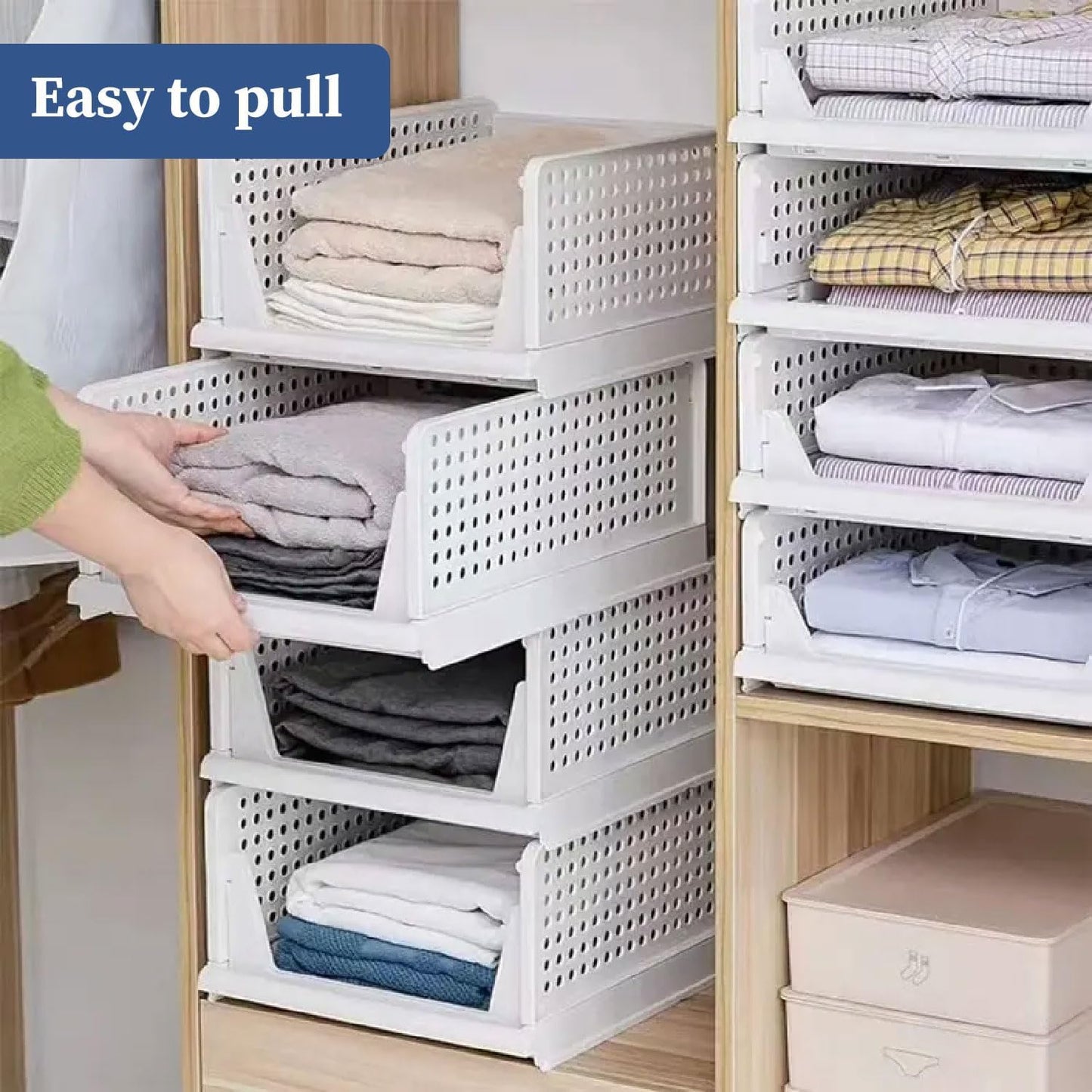 Large Cloth Stacker | Foldable Shirt Storage Stacker for Wardrobe | Plastic Stackable Closet Organizer | White | 34L x 44W x 19H Centimeters