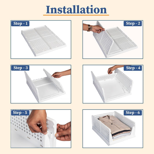 Large Cloth Stacker | Foldable Shirt Storage Stacker for Wardrobe | Plastic Stackable Closet Organizer | White | 34L x 44W x 19H Centimeters