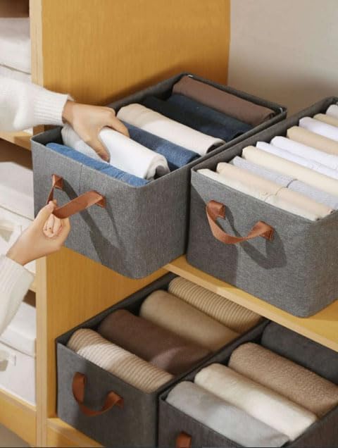 4PCS Collapsible Fabric Storage Cubes Organizer with Handles Foldable Storage Baskets for Organizing Toys, Books, Shelves, Closet, Large Storage Box with Handles (4 PCS, Big Storage Box)