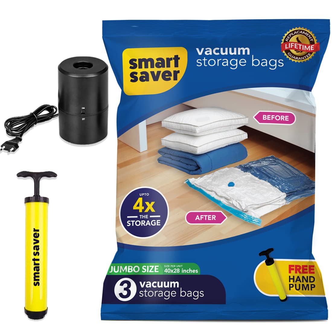 Plastic Vacuum Compression Bags|Vacuum Storage Bags|Vacuum Bags For Travel|Space Saver Vacuum Bags(5 bags + Electric And Manual Pump)