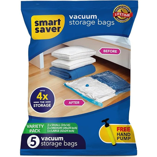 Vacuum Compression Storage Bags With Hand Pump-Large,5-Pack,Plastic,White