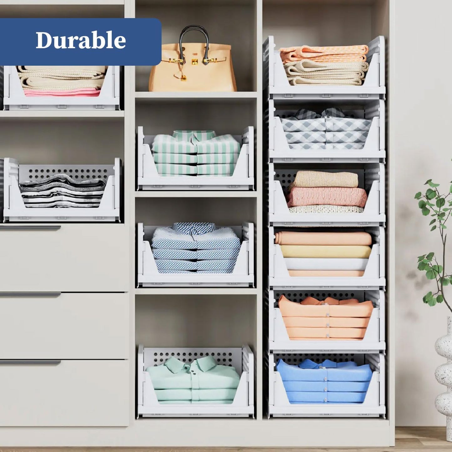 Large Cloth Stacker | Foldable Shirt Storage Stacker for Wardrobe | Plastic Stackable Closet Organizer | White | 34L x 44W x 19H Centimeters