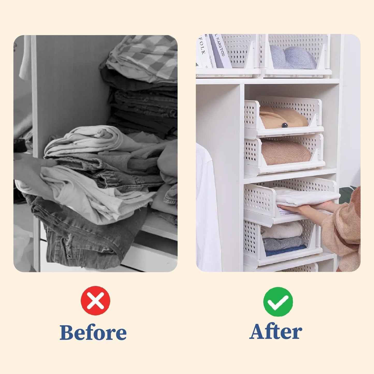 Large Cloth Stacker | Foldable Shirt Storage Stacker for Wardrobe | Plastic Stackable Closet Organizer | White | 34L x 44W x 19H Centimeters