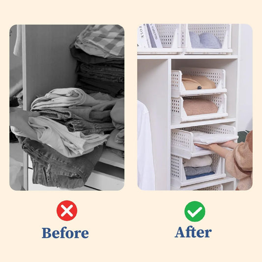 Large Cloth Stacker | Foldable Shirt Storage Stacker for Wardrobe | Plastic Stackable Closet Organizer | White | 34L x 44W x 19H Centimeters